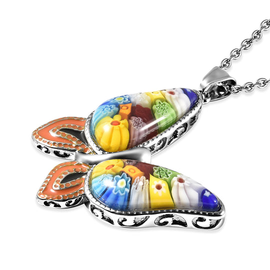 Murano Stil Schmetterlings-Glas-Anhänger mit Kette, Edelstahl ca. 5,00 ct
