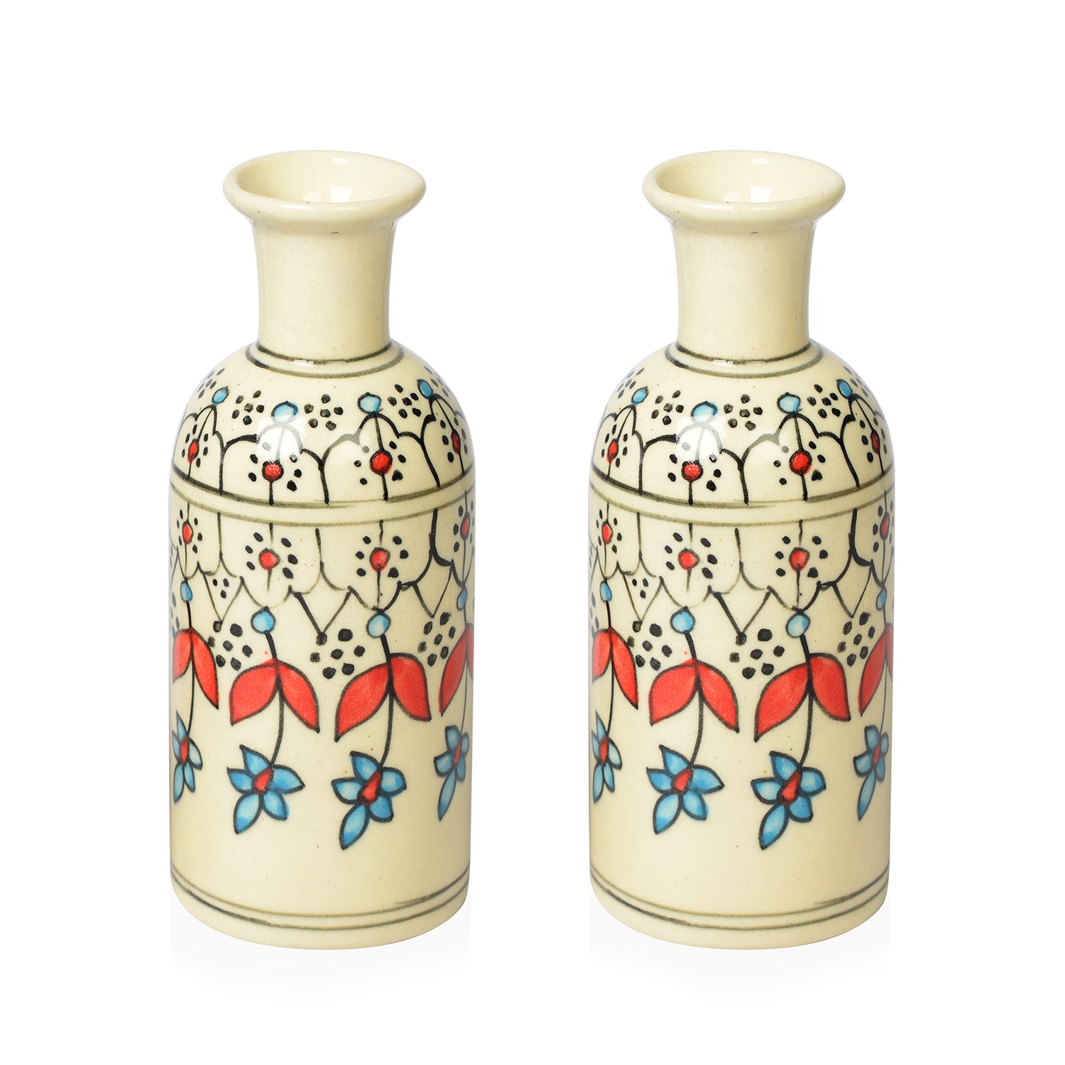 2er Set handbemalte Keramikvasen, 7,5x19 cm, Blumen