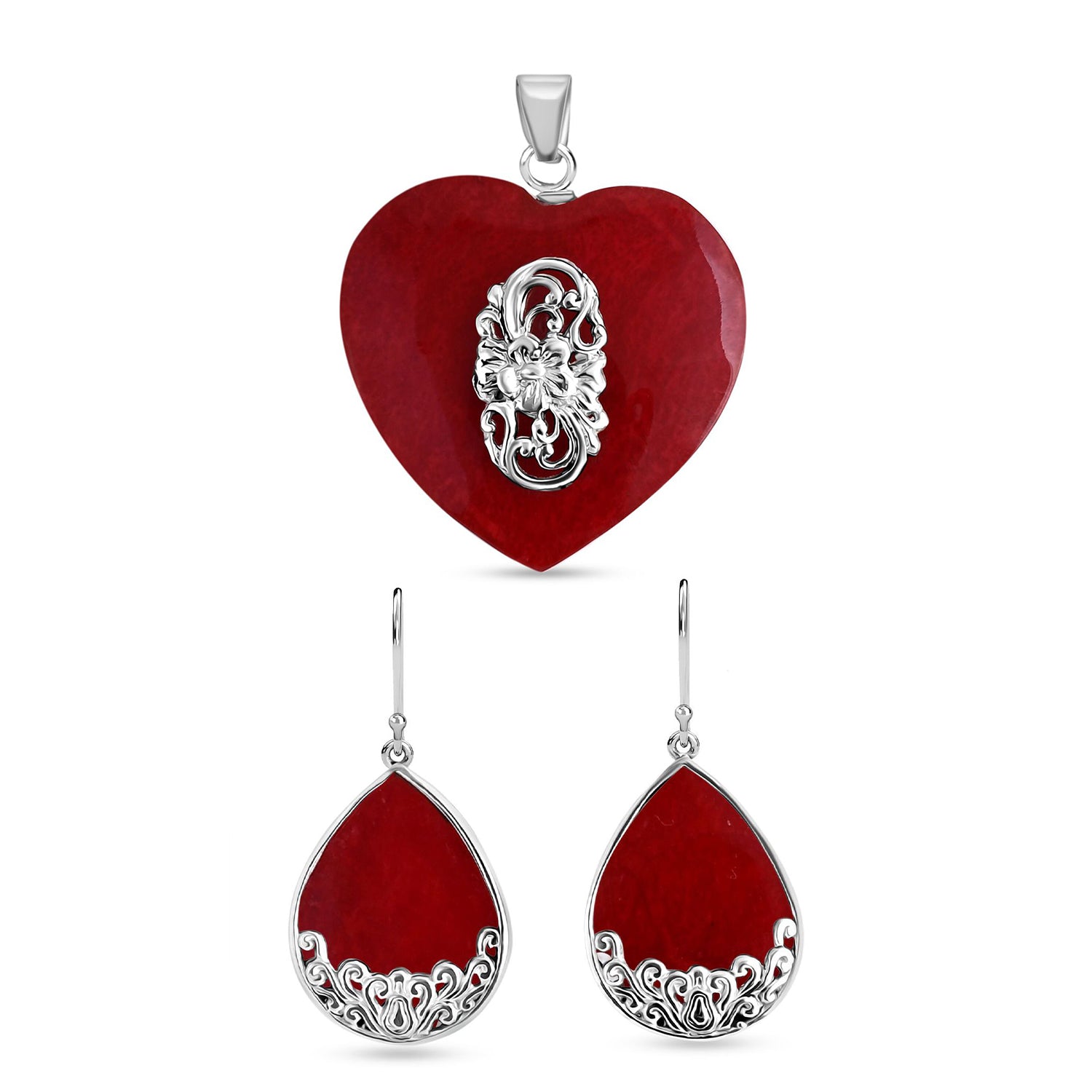 Royal Bali Kollektion- Koralle Anhänger und Ohrringe in 925 Silber