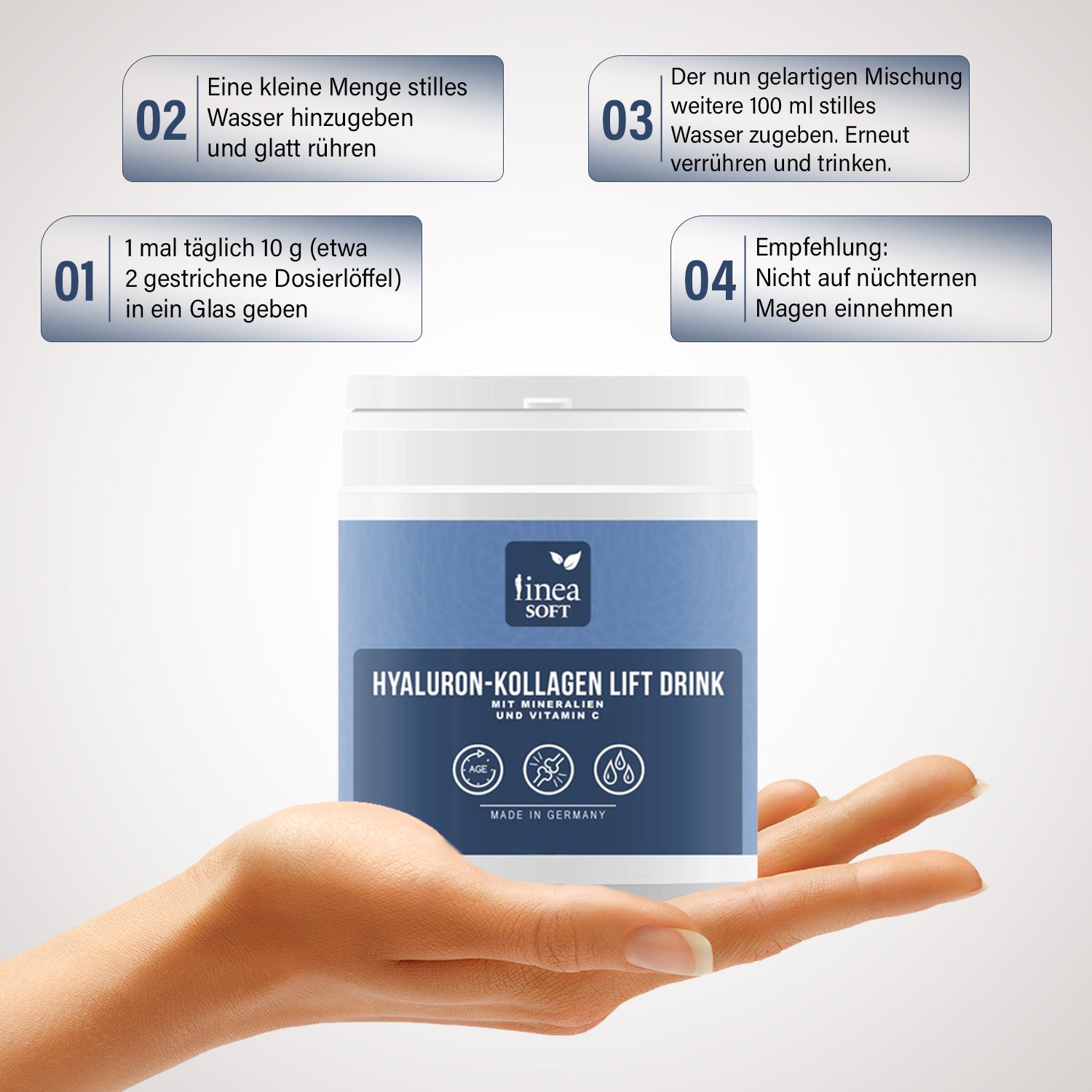 Linea Soft 3er-Set Hyaluron und Collagen Anti-Aging Lift Drink 300g - 30 Tage Kur (Verzehrempfehlung: 10g täglich)