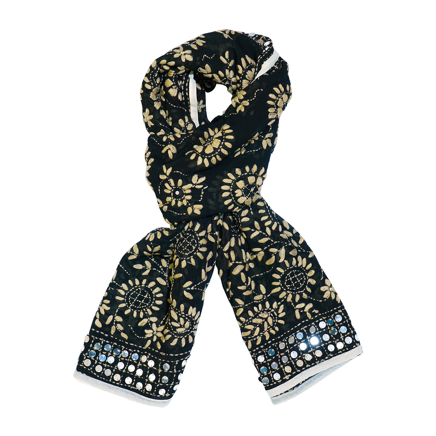 Phulkari Schal, Hand-Bestickt, 90x200 cm, schwarz