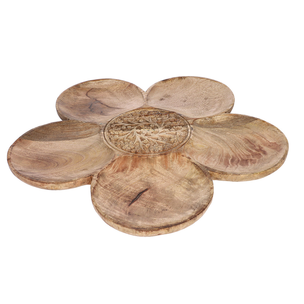 NAKKASHI - Handgeschnitztes drehbares Serviertablett aus Mangoholz, 40 cm Durchmesser, Antikes Finish