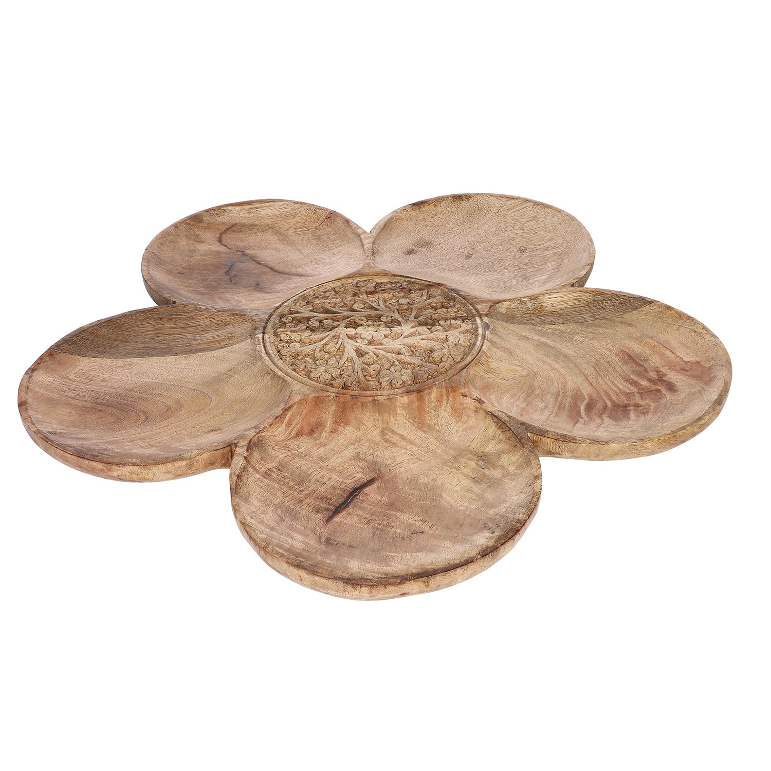 NAKKASHI - Handgeschnitztes drehbares Serviertablett aus Mangoholz, 40 cm Durchmesser, Antikes Finish
