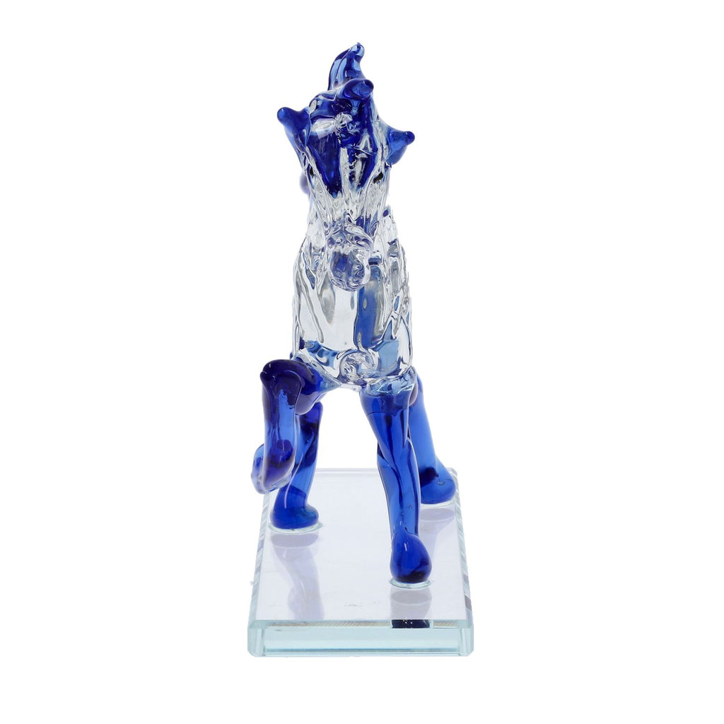 Dekorative Kristallglas-Pferdefigur auf quadratischem Ständer, Größe 12x12x6 cm, Blau