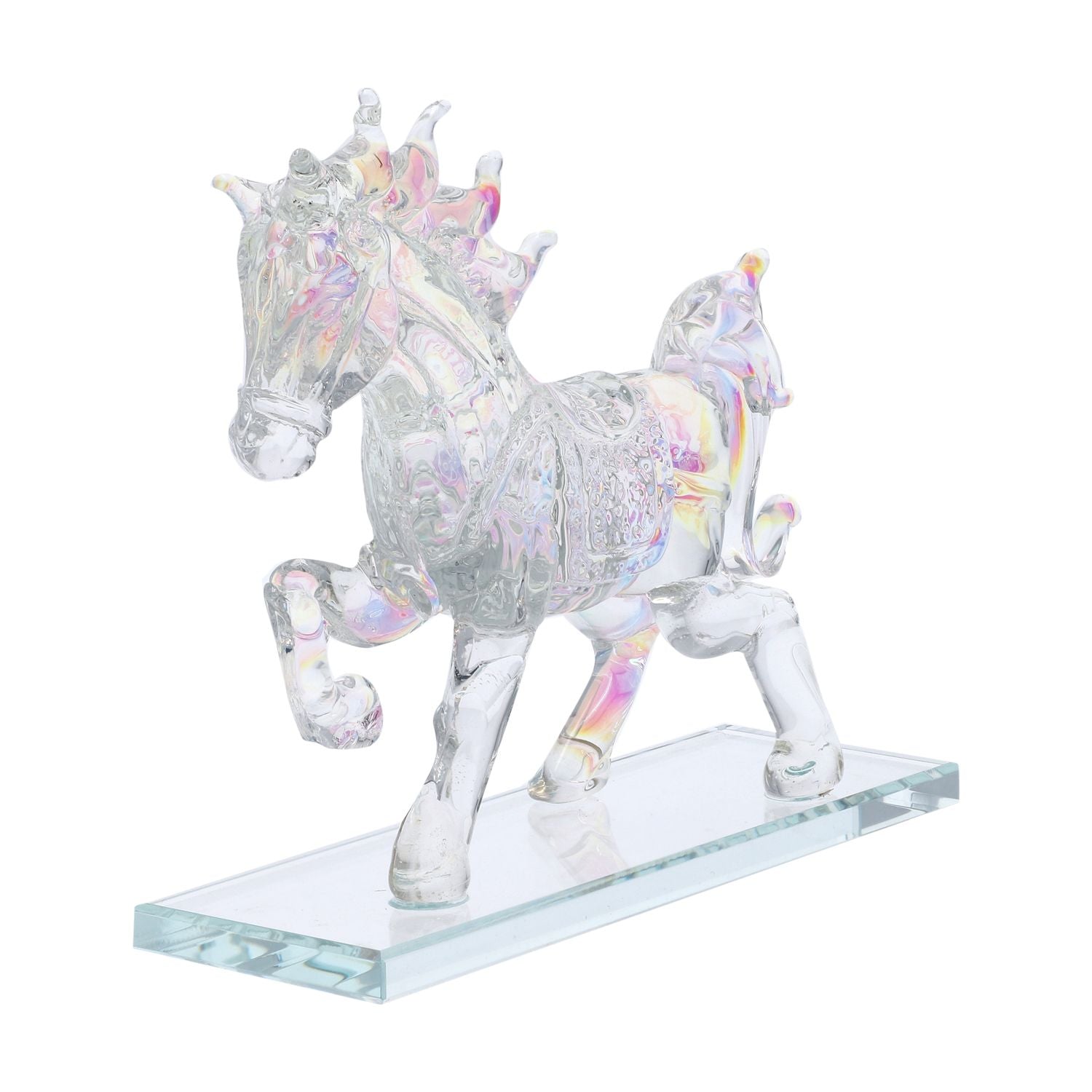Dekorative Kristallglas-Pferdefigur auf quadratischem Ständer, Größe 12x12x6 cm, Regenbogen