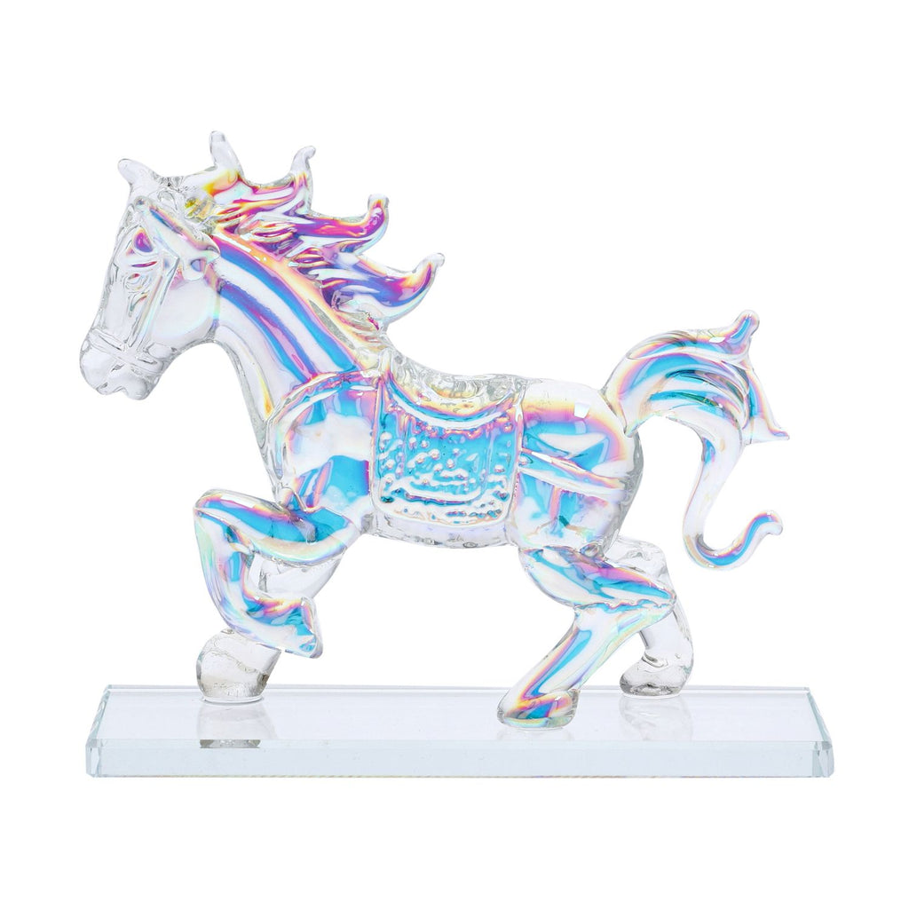 Dekorative Kristallglas-Pferdefigur auf quadratischem Ständer, Größe 12x12x6 cm, Regenbogen