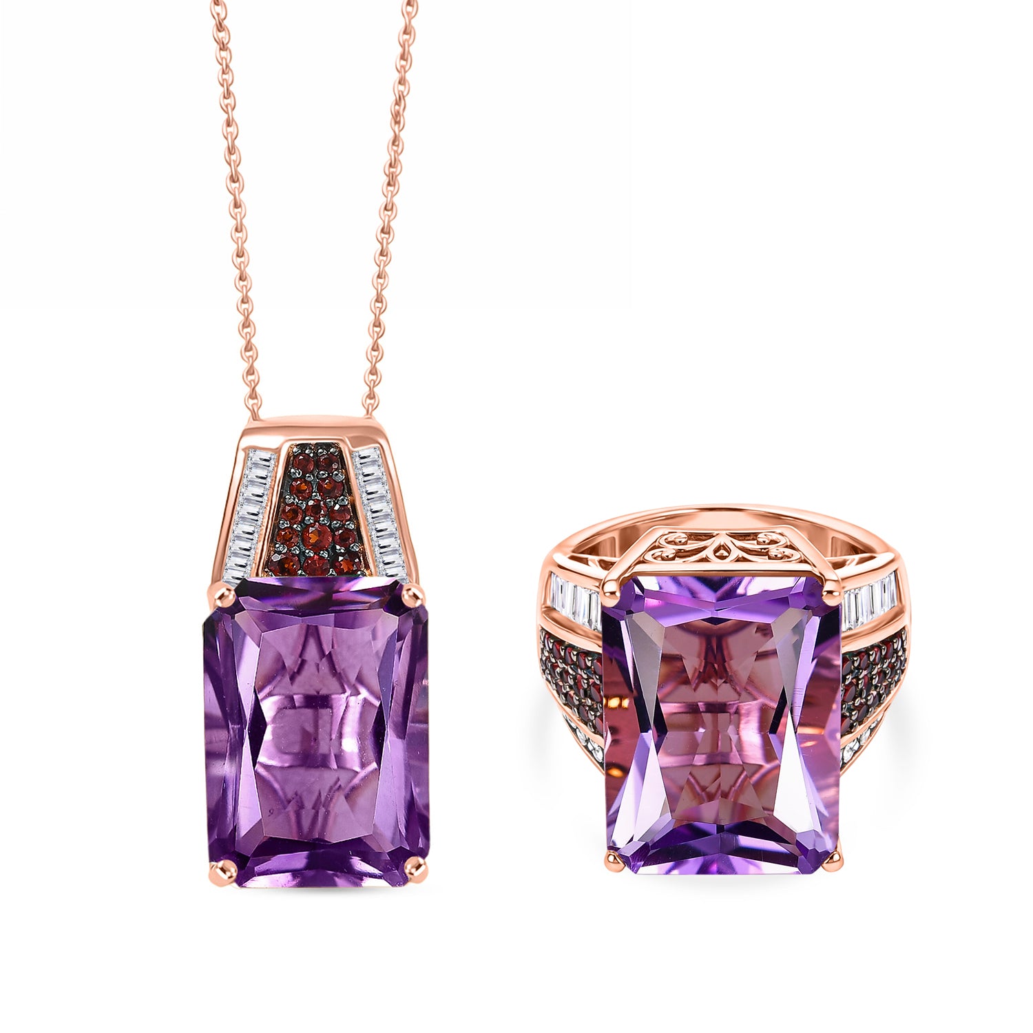 D'Joy Rose De France Amethyst, Moissanit und Mosambik Granat Ring und Anhänger mit 50cm Kette