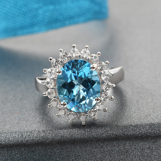 Schweizer Blautopas Halo Ring 925 Silber platiniert ca. 4,87 ct