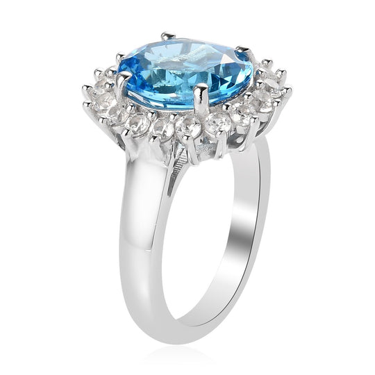 Schweizer Blautopas Halo Ring 925 Silber platiniert ca. 4,87 ct