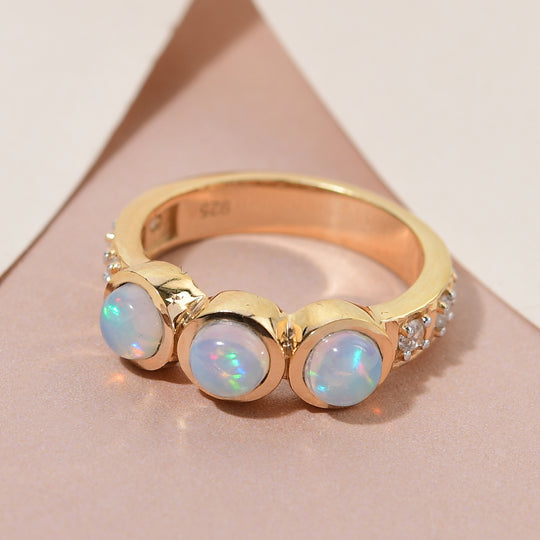 Natürlicher, äthiopischer Opal und Zirkon-Ring, 925 Silber vergoldet