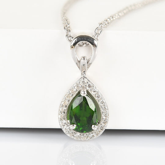 Natürlicher Chromdiopsid und Zirkon Anhänger mit Kette ca. 45 cm 925 Silber platiniert 0.81 ct