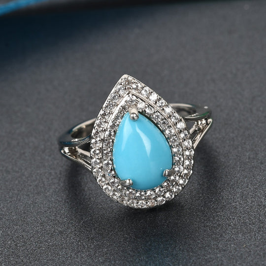 Natürlicher Sleeping Beauty Türkis und Zirkon Halo Ring 925 Silber platiniert ca. 1,84 ct