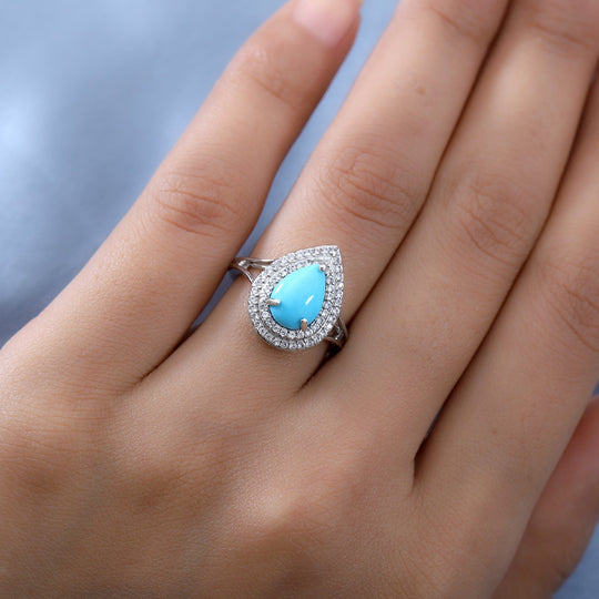 Natürlicher Sleeping Beauty Türkis und Zirkon Halo Ring 925 Silber platiniert ca. 1,84 ct