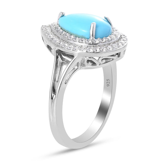Natürlicher Sleeping Beauty Türkis und Zirkon Halo Ring 925 Silber platiniert ca. 1,84 ct