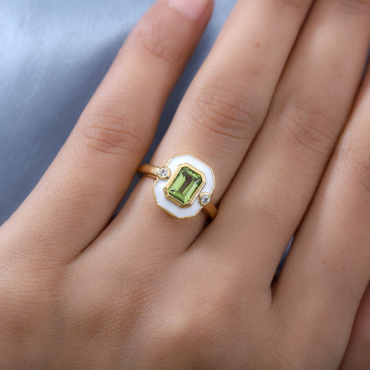 Peridot und Zirkon emaillierter Solitär Ring 925 Silber vergoldet ca. 1,07 ct