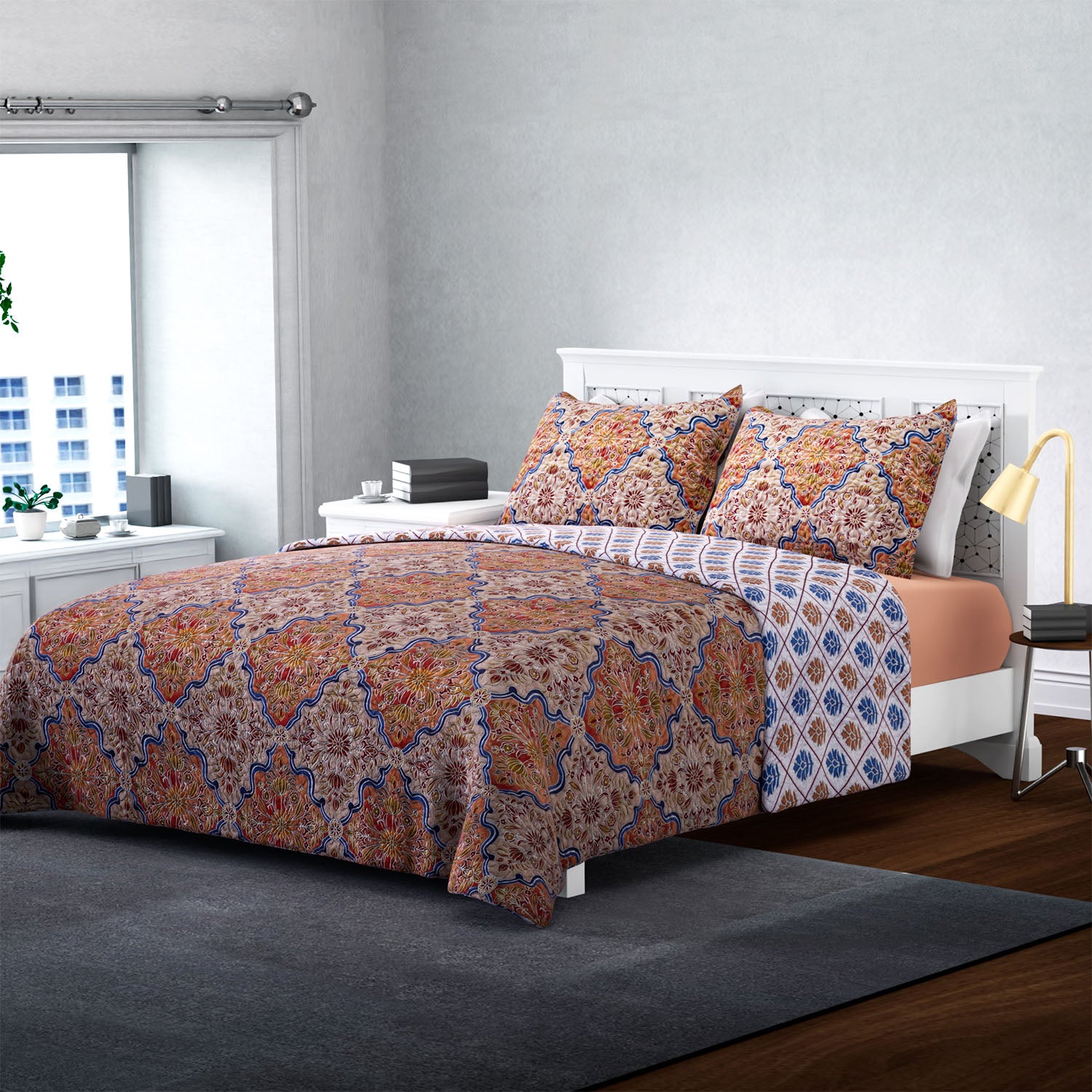 Serenity Night: 3er-Set, Bedruckter, reversibeler Quilt 240x260 cm mit 2 Saumkissenbezügen 50x70 cm, Santa Fe, Orange, blau