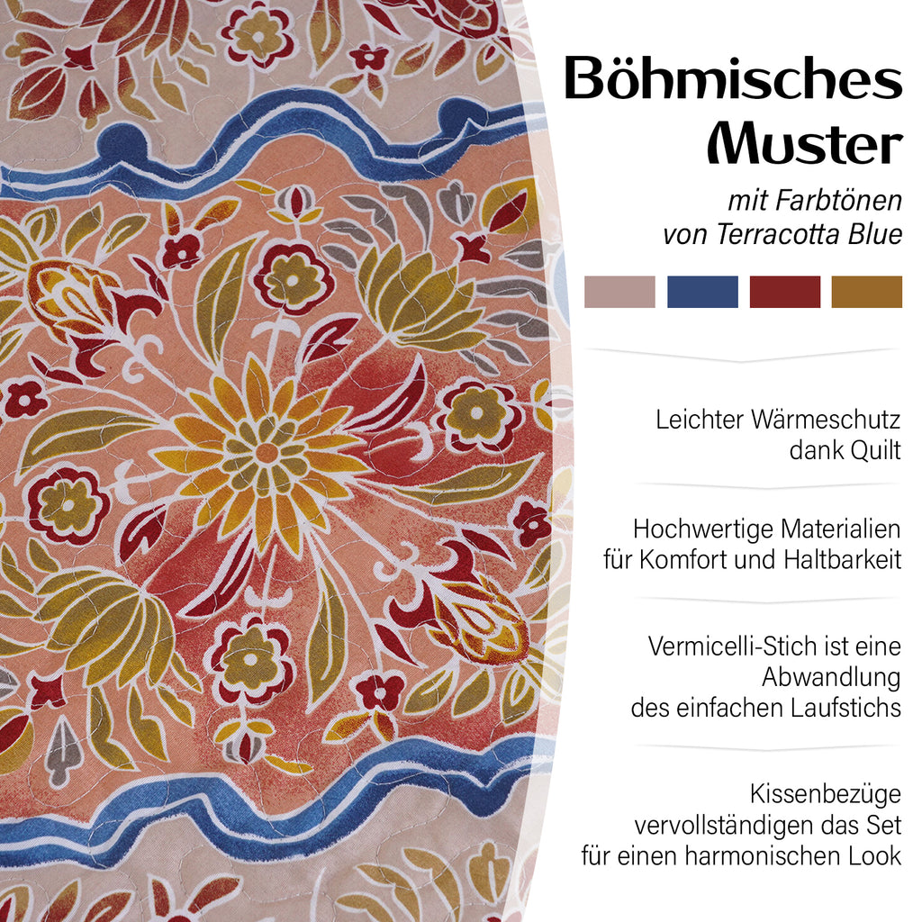 Serenity Night: 3er-Set, Bedruckter, reversibeler Quilt 240x260 cm mit 2 Saumkissenbezügen 50x70 cm, Santa Fe, Orange, blau