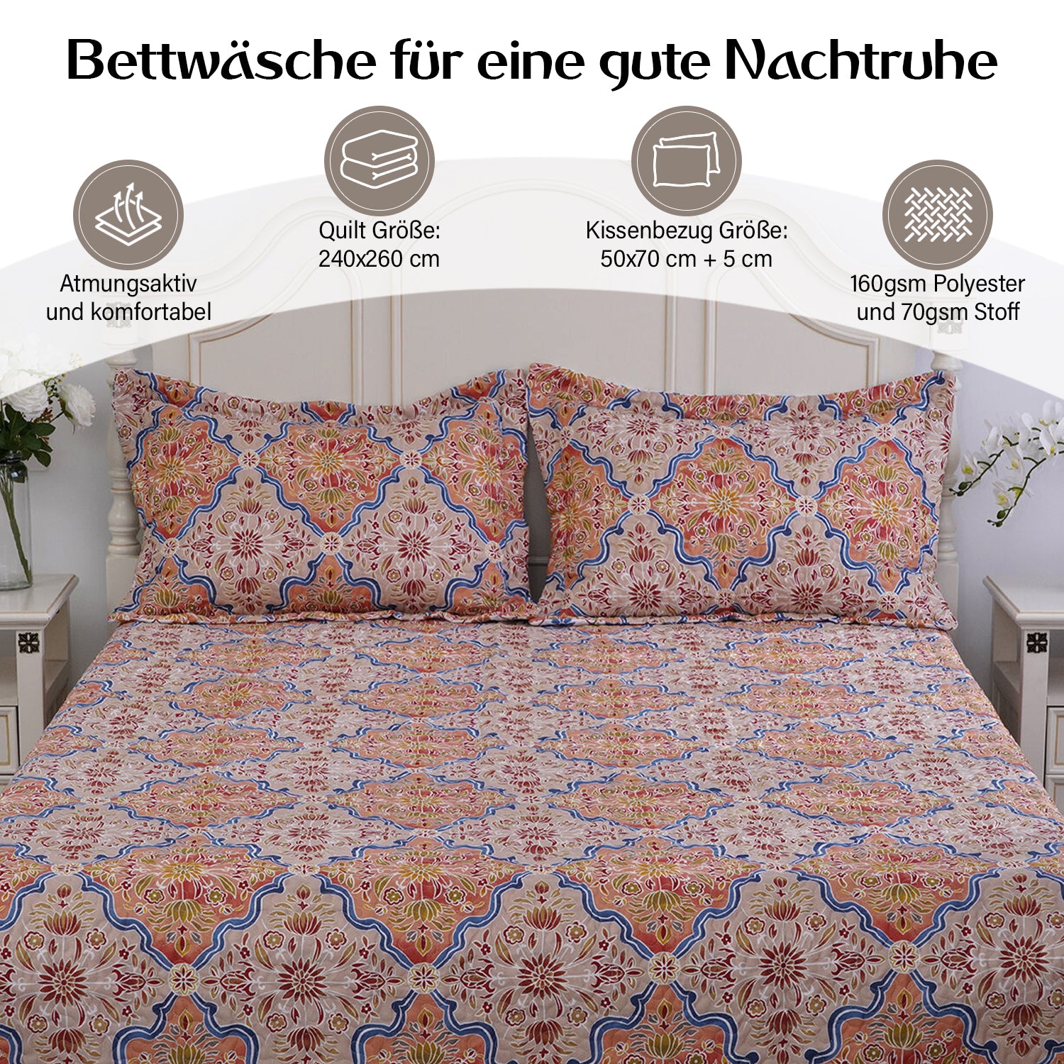 Serenity Night: 3er-Set, Bedruckter, reversibeler Quilt 240x260 cm mit 2 Saumkissenbezügen 50x70 cm, Santa Fe, Orange, blau