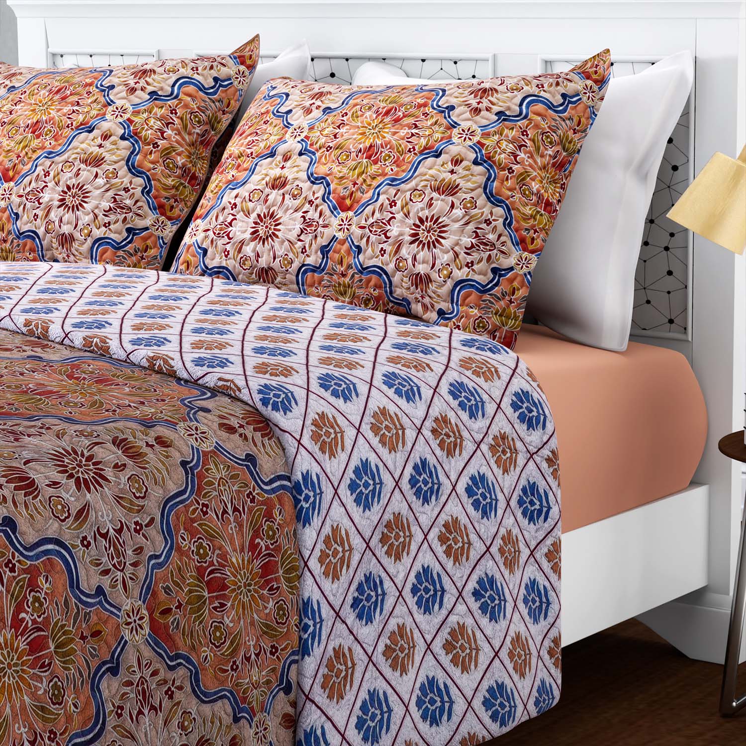 Serenity Night: 3er-Set, Bedruckter, reversibeler Quilt 240x260 cm mit 2 Saumkissenbezügen 50x70 cm, Santa Fe, Orange, blau