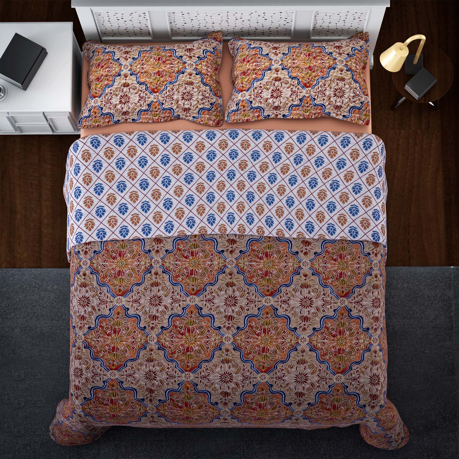 Serenity Night: 3er-Set, Bedruckter, reversibeler Quilt 240x260 cm mit 2 Saumkissenbezügen 50x70 cm, Santa Fe, Orange, blau