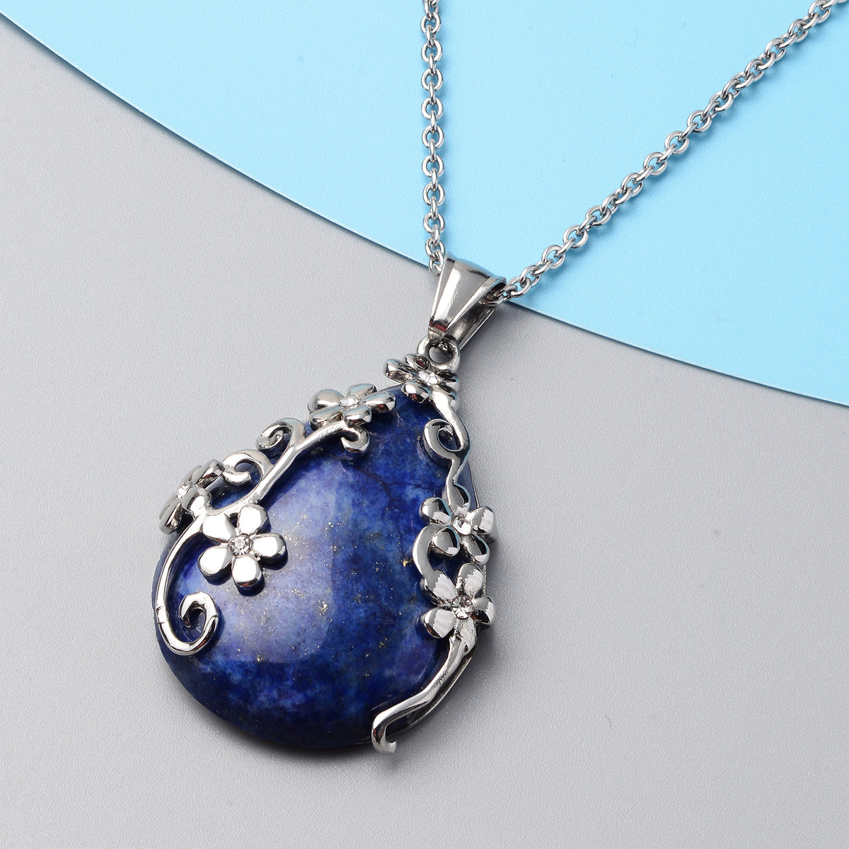 Lapislazuli Tropfen Anhänger mit Kette ca. 50 cm in Edelstahl