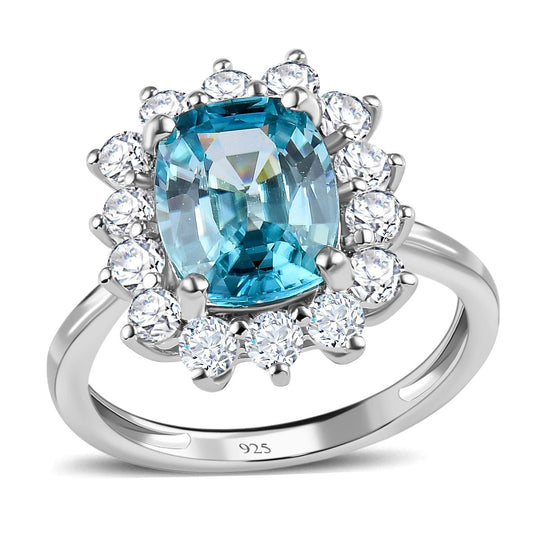 AAA Ratanakiri blauer und weißer Zirkon Halo-Ring, 375 Weißgold ca. 3,33 ct