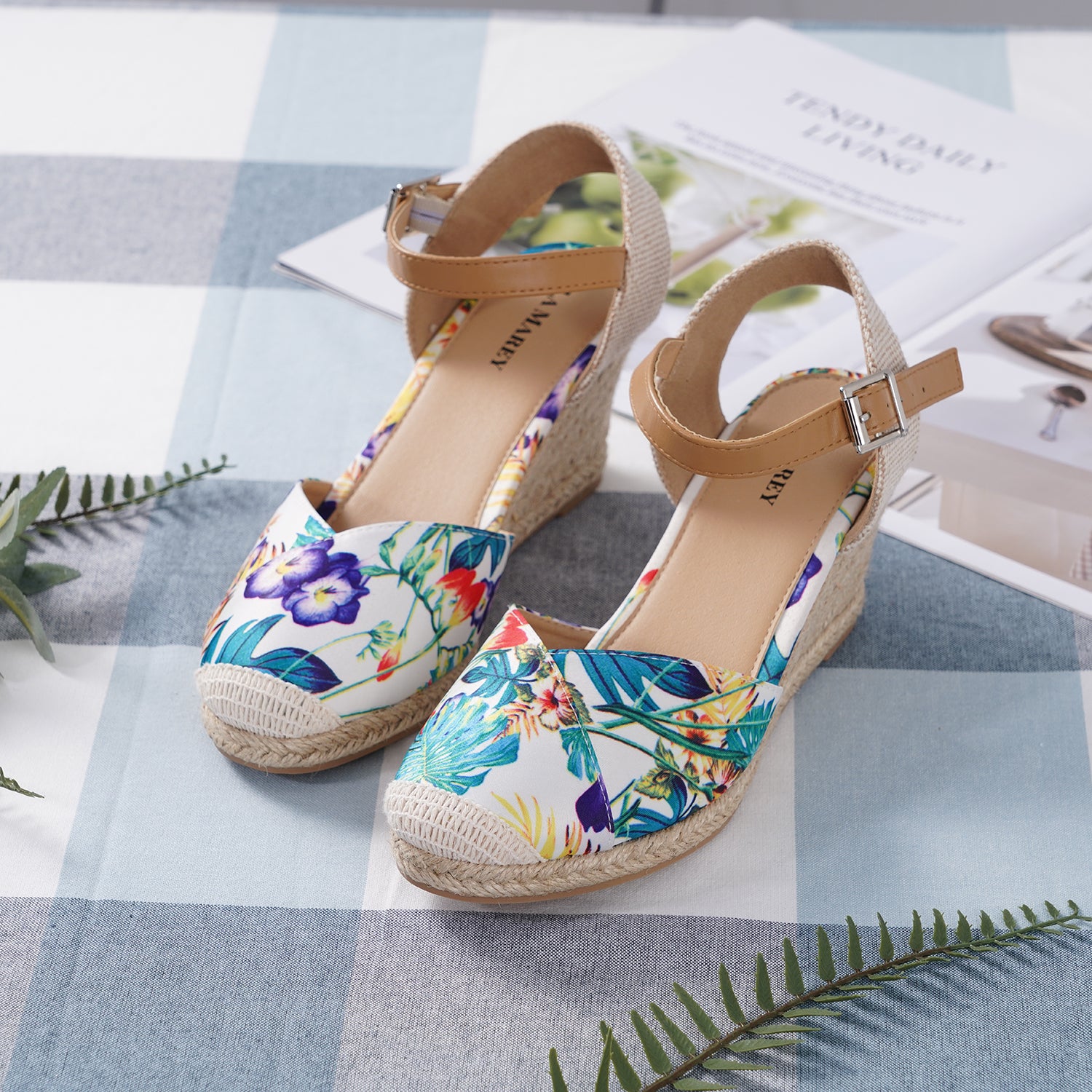 LA MAREY - Espadrilles-Schuhe mit Keilabsatz, Größe 36, Blumenmuster, Weiß