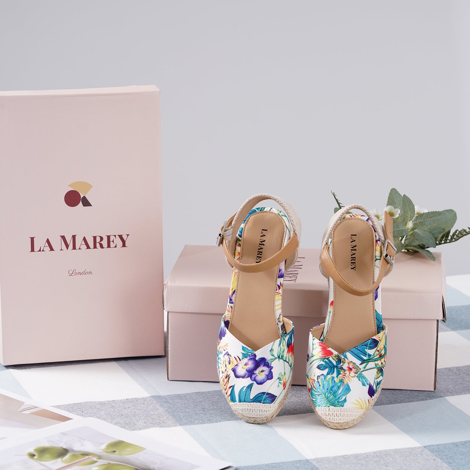 LA MAREY - Espadrilles-Schuhe mit Keilabsatz, Größe 36, Blumenmuster, Weiß