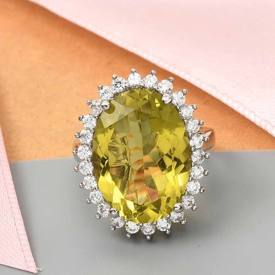 Ouro Verde-Quarz und Zirkon Halo Ring 925 Silber platiniert ca. 12,33 ct