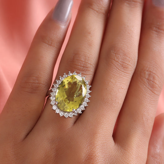 Ouro Verde-Quarz und Zirkon Halo Ring 925 Silber platiniert ca. 12,33 ct