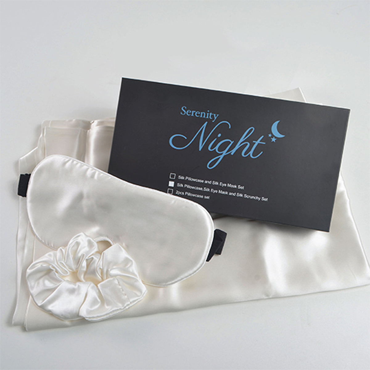 Serenity Night: Kissenbezug, Haargummi und Augenmaske aus 100% Maulbeerseiden, 40x80 cm und 23,5x10,5 cm, Elfenbein, 3-teilig