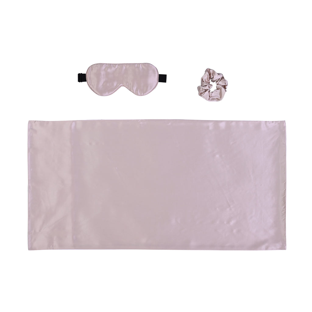Serenity Night: Kissenbezug, Haargummi und Augenmaske aus 100% Maulbeerseiden, 40x80 cm, cm und 23,5x10,5 cm, Champagner, 3 teilig