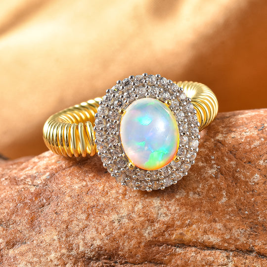 Natürlicher, äthiopischer Opal und Zirkon Halo-Ring, 925 Silber Gelbgold Vermeil ca. 2,73 ct