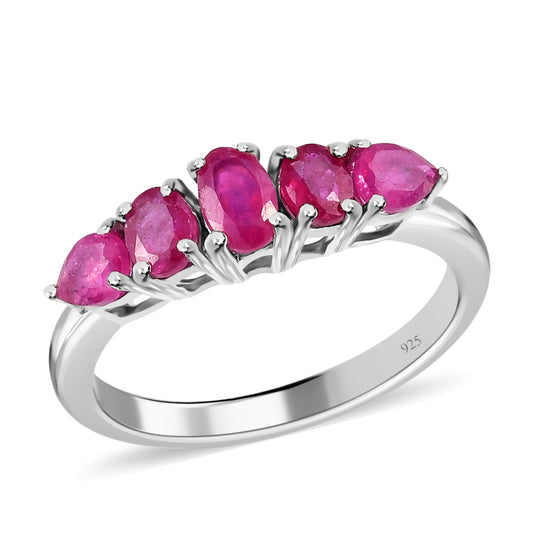Fissure gefüllt Rubin 5 Stein Ring 925 Silber platiniert ca. 1,22 ct