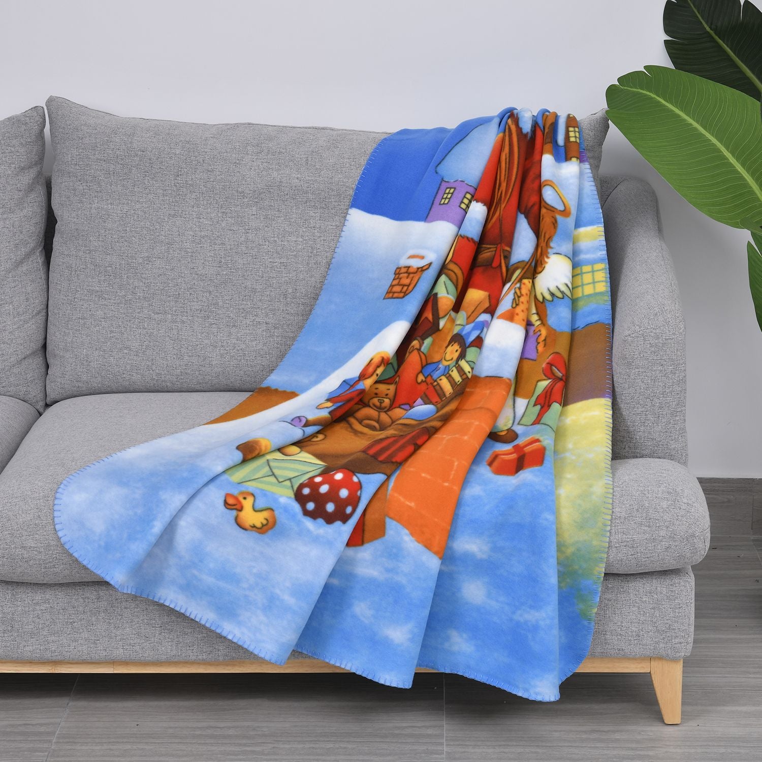 Superweiche Fleecedecke mit Weihnachtsmann Muster, Größe 130x170 cm, Blau und Mehrfarbig, Kamin
