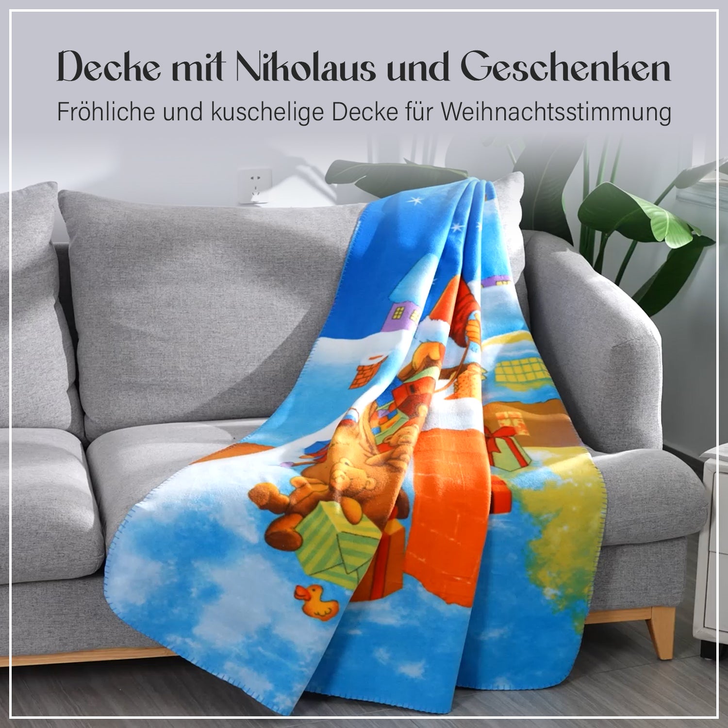 Superweiche Fleecedecke mit Weihnachtsmann Muster, Größe 130x170 cm, Blau und Mehrfarbig, Kamin