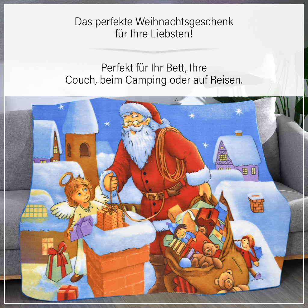 Superweiche Fleecedecke mit Weihnachtsmann Muster, Größe 130x170 cm, Blau und Mehrfarbig, Kamin