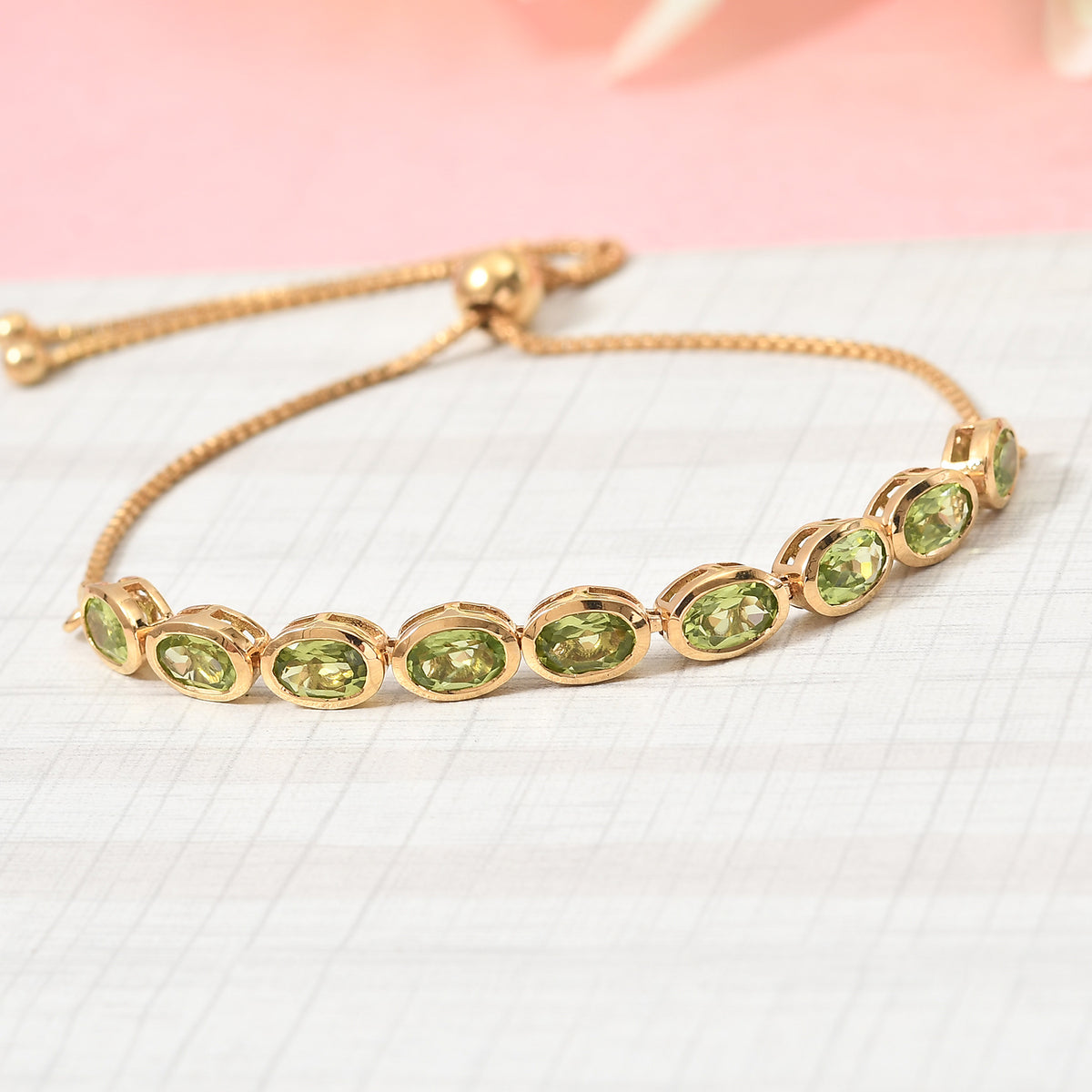 Natürlicher Peridot Bolo-Armband, ca. 16-26 cm, 925 Silber vergoldet ca. 4,67 ct