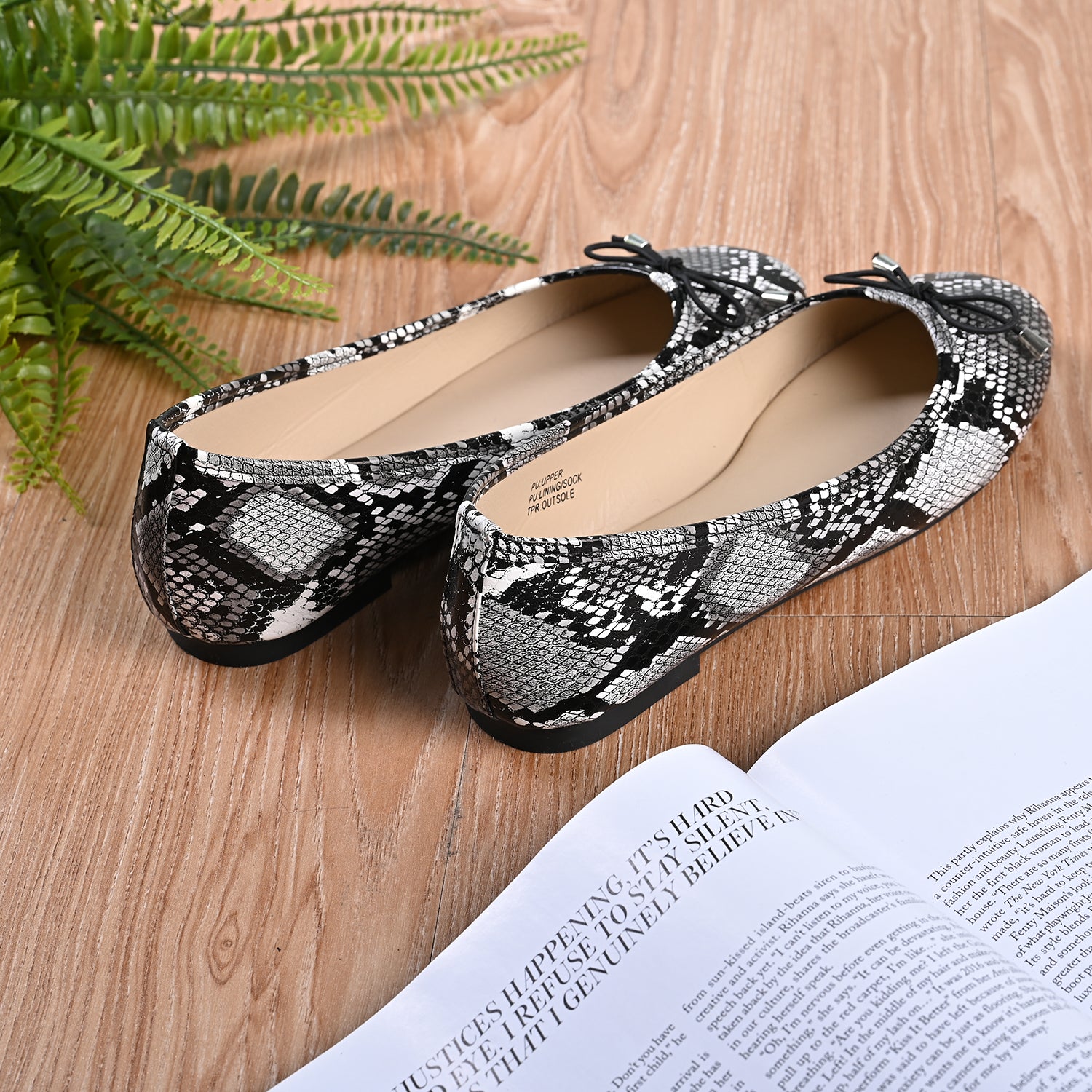LA MAREY - Damen Ballerinas, Schlangenhautmuster, Größe 41, Schwarz und Weiß