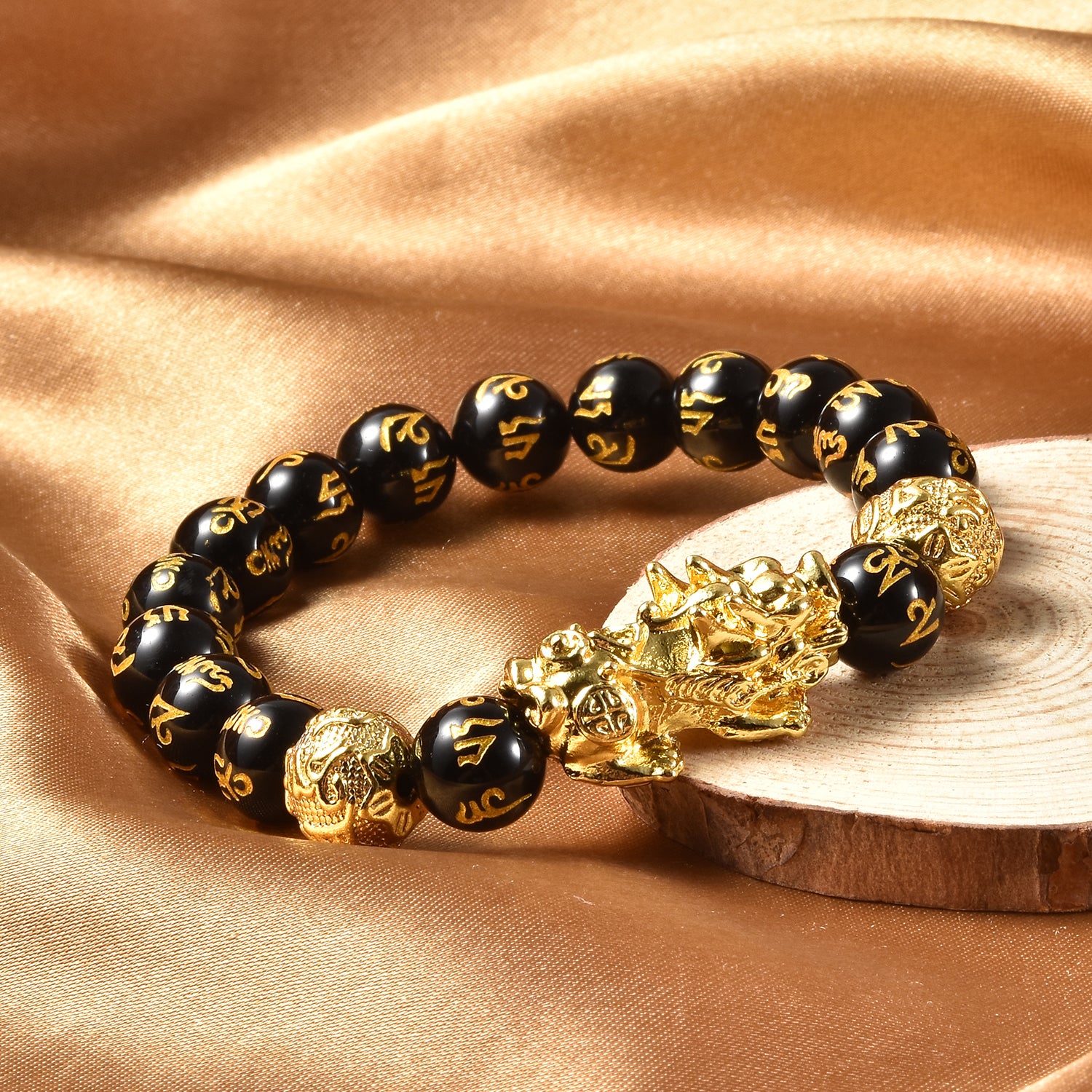 Feng Shui natürliches, schwarzes Obsidian-Armband, 19 cm, goldfarben ca. 108.50 ct