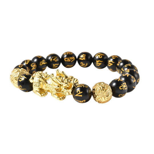 Feng Shui natürliches, schwarzes Obsidian-Armband, 19 cm, goldfarben ca. 108.50 ct