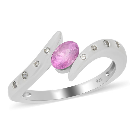 Ilakaka Rosa Saphir (Fissure gefüllt) und Zirkon Bypass Ring 925 Silber rhodiniert ca. 0,74 ct
