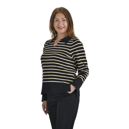 Gestreiftes Stricktop mit V-Ausschnitt, Baumwollmix, One Size, Beige