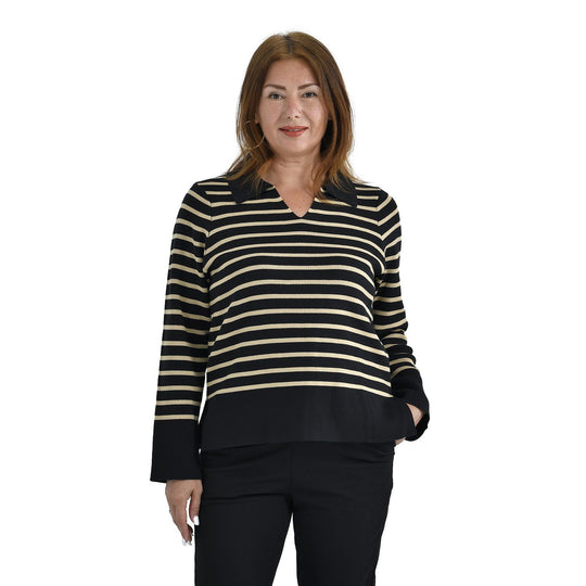 Gestreiftes Stricktop mit V-Ausschnitt, Baumwollmix, One Size, Beige