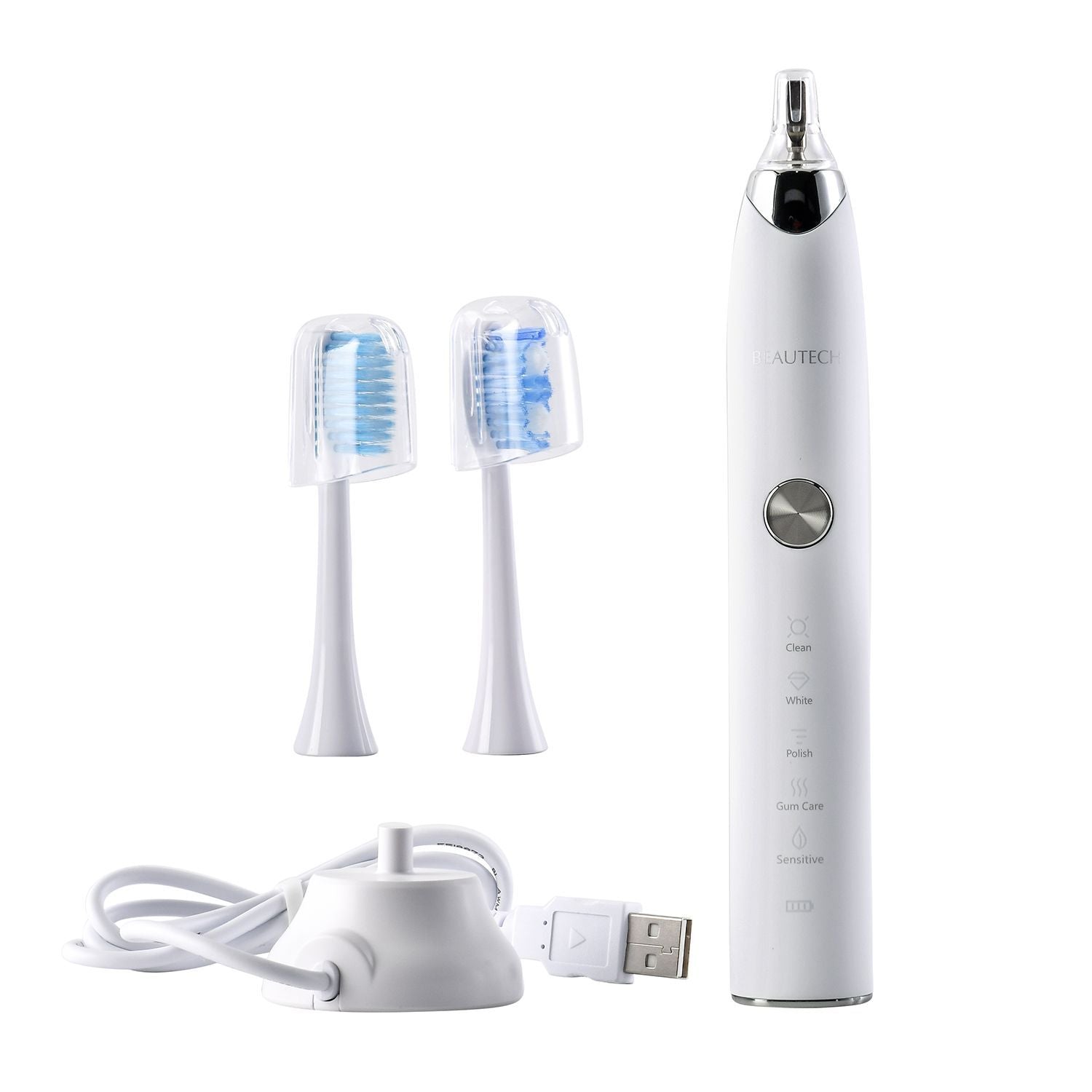 BEAUTECH Elektronische Schallzahnbürste mit 2 Bürstenköpfen, Wasserdicht IPX7, USB-Kabel, 5 Modi
