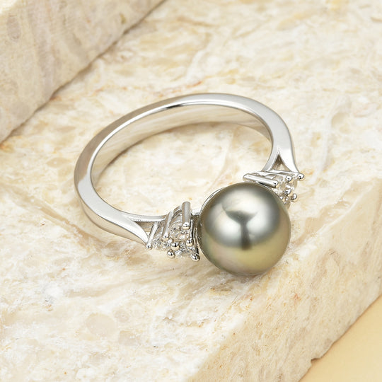 Tahiti-Zuchtperlen und weißer Zirkon-Ring, (9-10 mm), 925 Silber rhodiniert ca. 0,30 ct