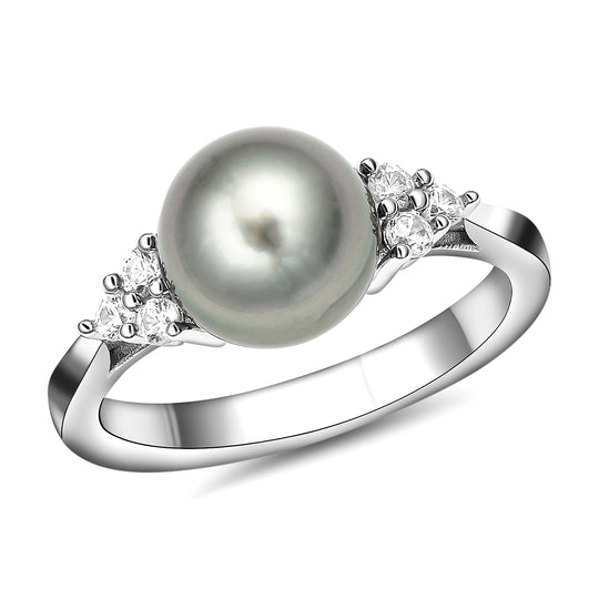 Tahiti-Zuchtperlen und weißer Zirkon-Ring, (9-10 mm), 925 Silber rhodiniert ca. 0,30 ct