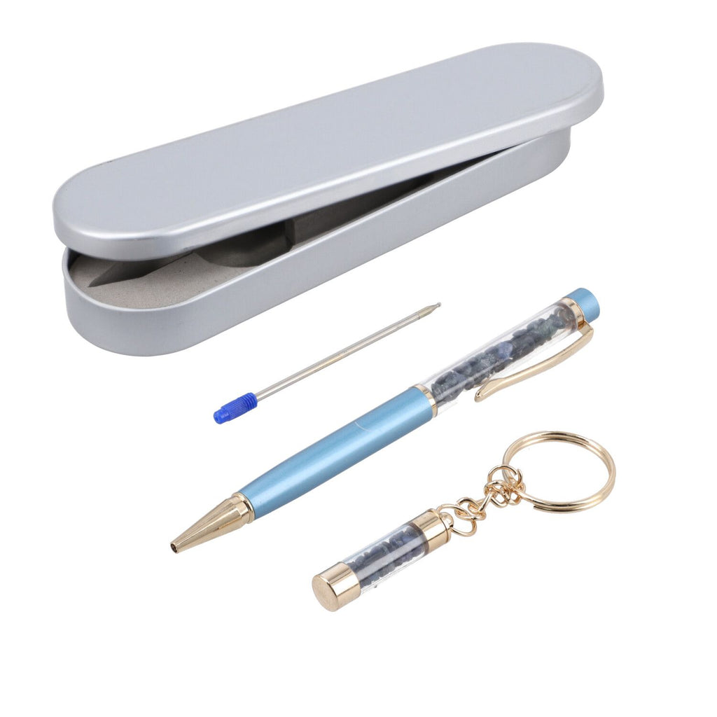 3er Set - Notizbuch mit Einband aus 100% echtem Leder, Kugelschreiber und Schlüsselanhänger gefüllt mit echtem Saphir