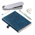 3er Set - Notizbuch mit Einband aus 100% echtem Leder, Kugelschreiber und Schlüsselanhänger gefüllt mit echtem Aquamarin