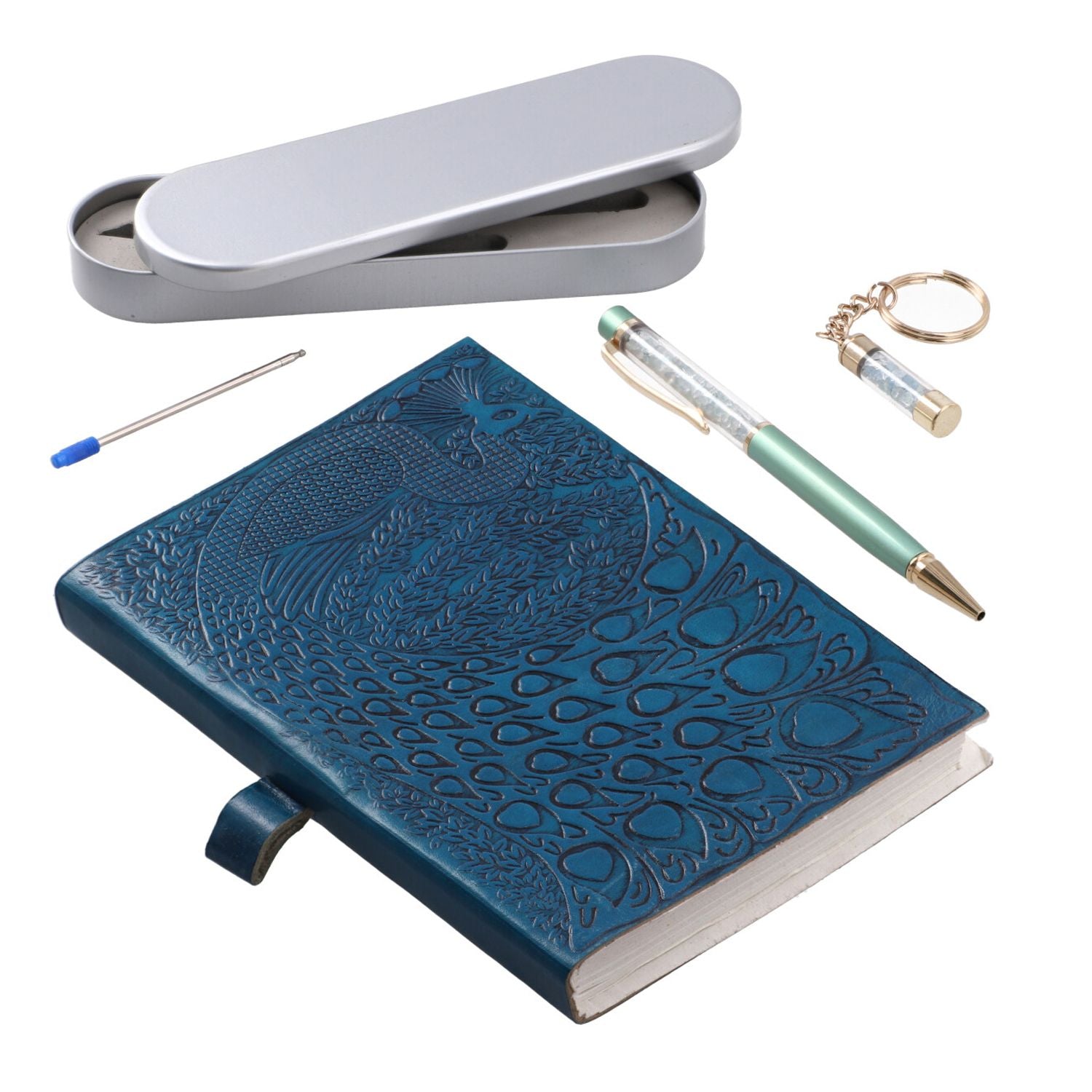 3er Set - Notizbuch mit Einband aus 100% echtem Leder, Kugelschreiber und Schlüsselanhänger gefüllt mit echtem Aquamarin